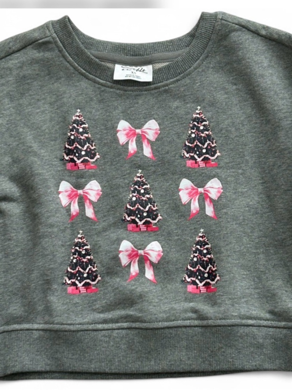 Toddler Girls Gray Holiday Sweatshirt with Pink Bow & Tree Print